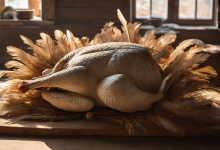 AI-generated image: A golden-brown turkey lies on a wooden surface, surrounded by feathers.