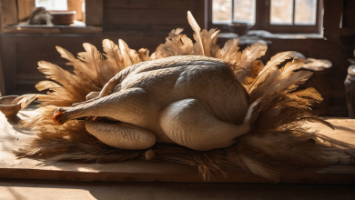 AI-generated image: A golden-brown turkey lies on a wooden surface, surrounded by feathers.