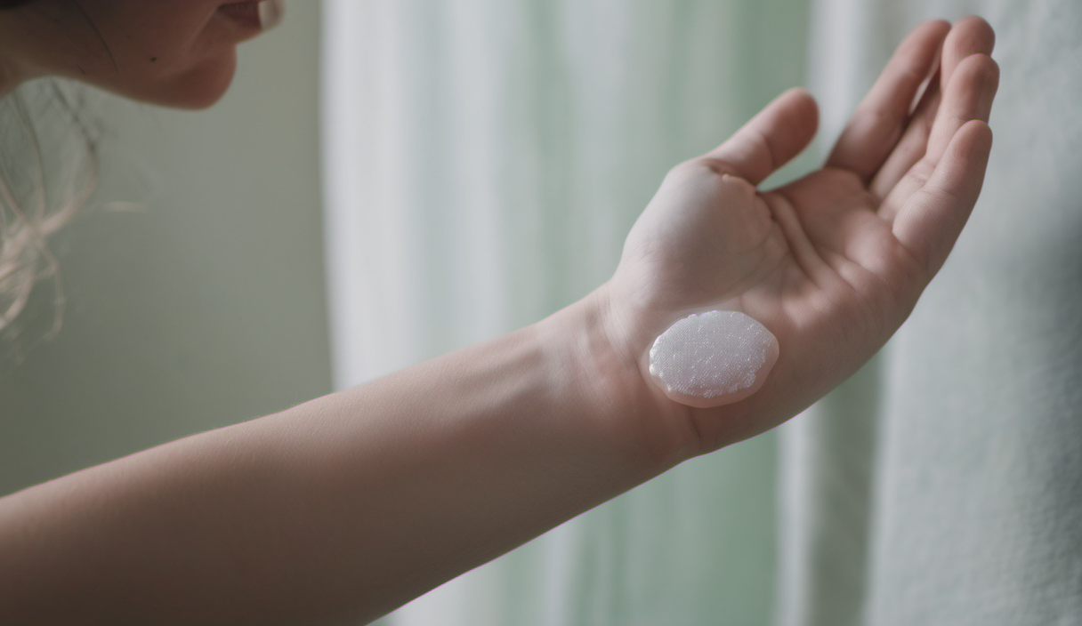 AI-generated image: A person's left hand is shown with a pale, smooth skin tone.