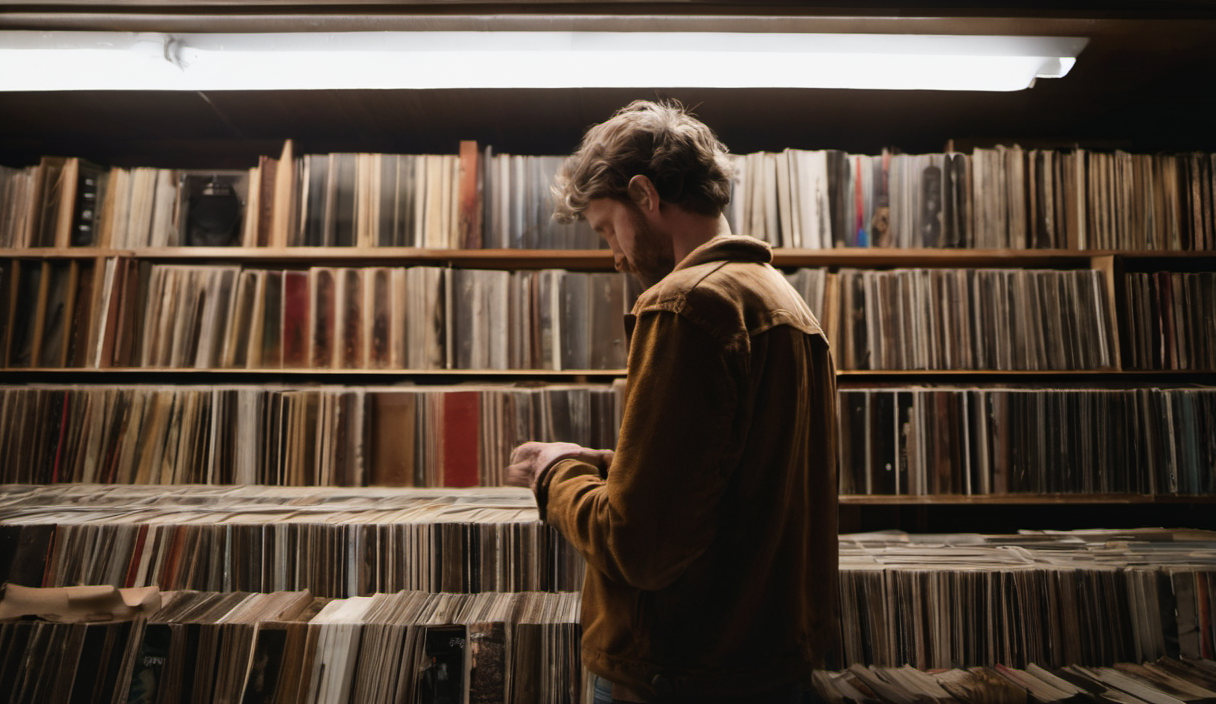 AI-generated image: A man is standing in a dark room with a large bookshelf filled with vinyl records.