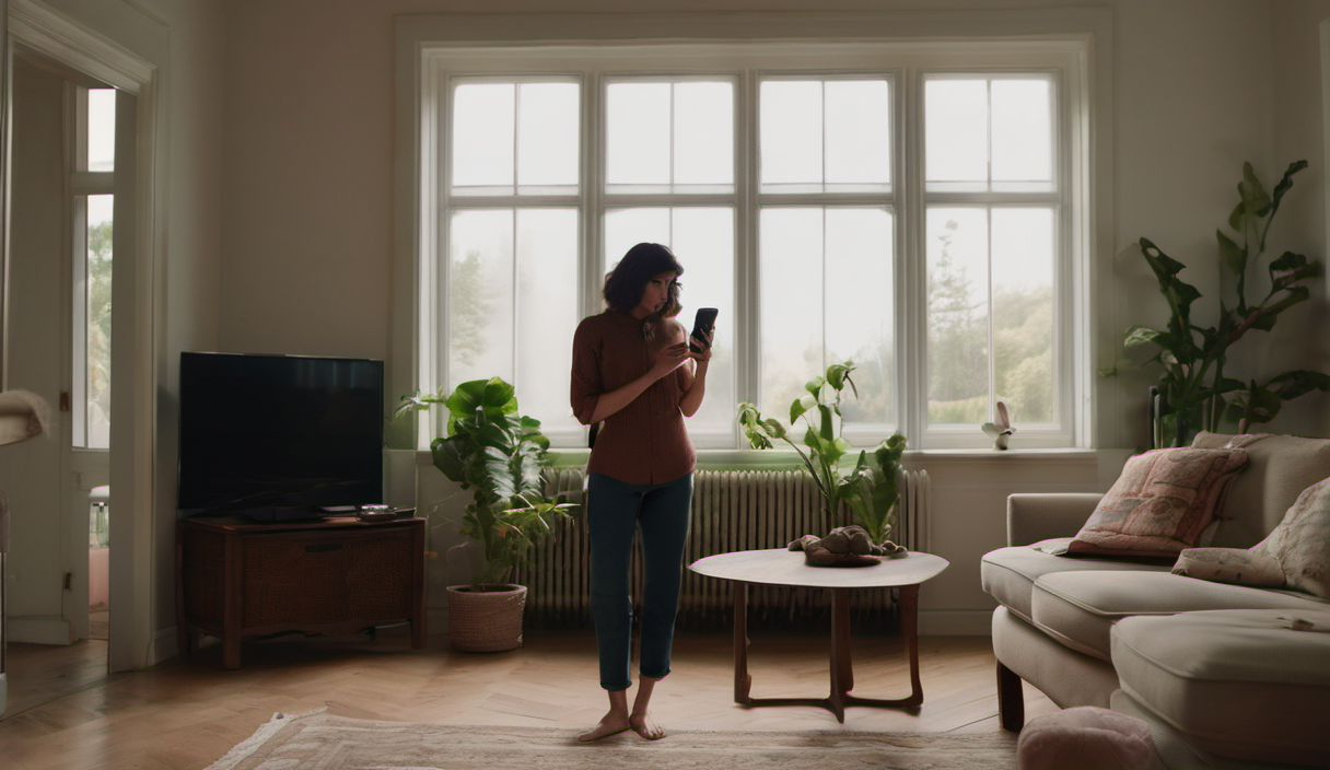 AI-generated image: A woman is standing in a room, holding a smartphone and looking at the screen.