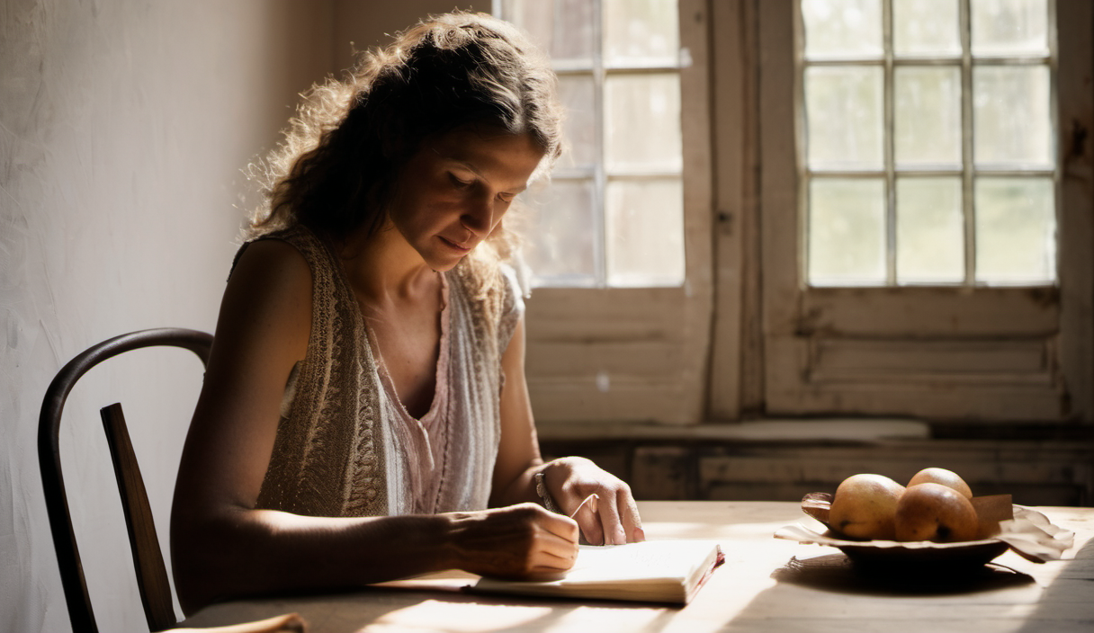 AI-generated image: A woman is sitting at a wooden table, writing in a notebook.