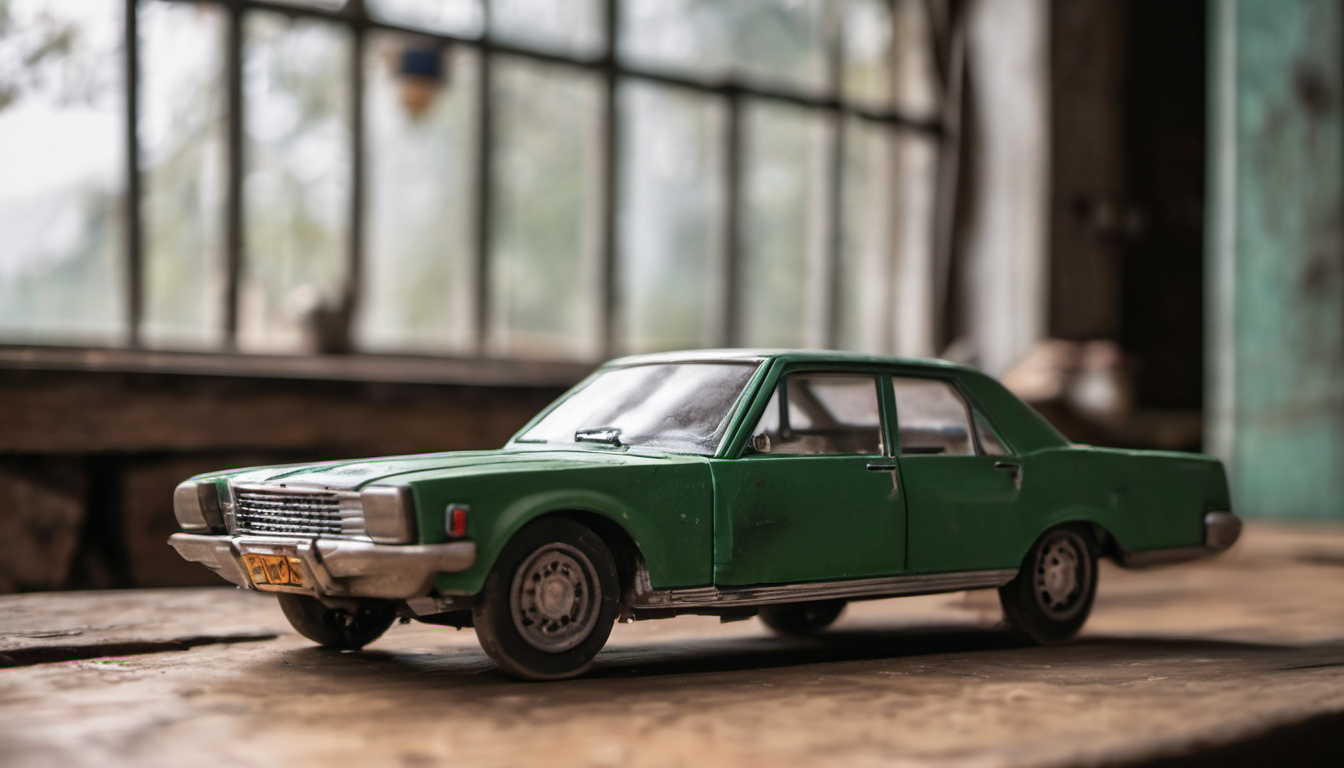 AI-generated image: A green toy car model is the main subject.