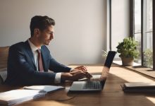 AI-generated image: A man is sitting at a wooden desk.
