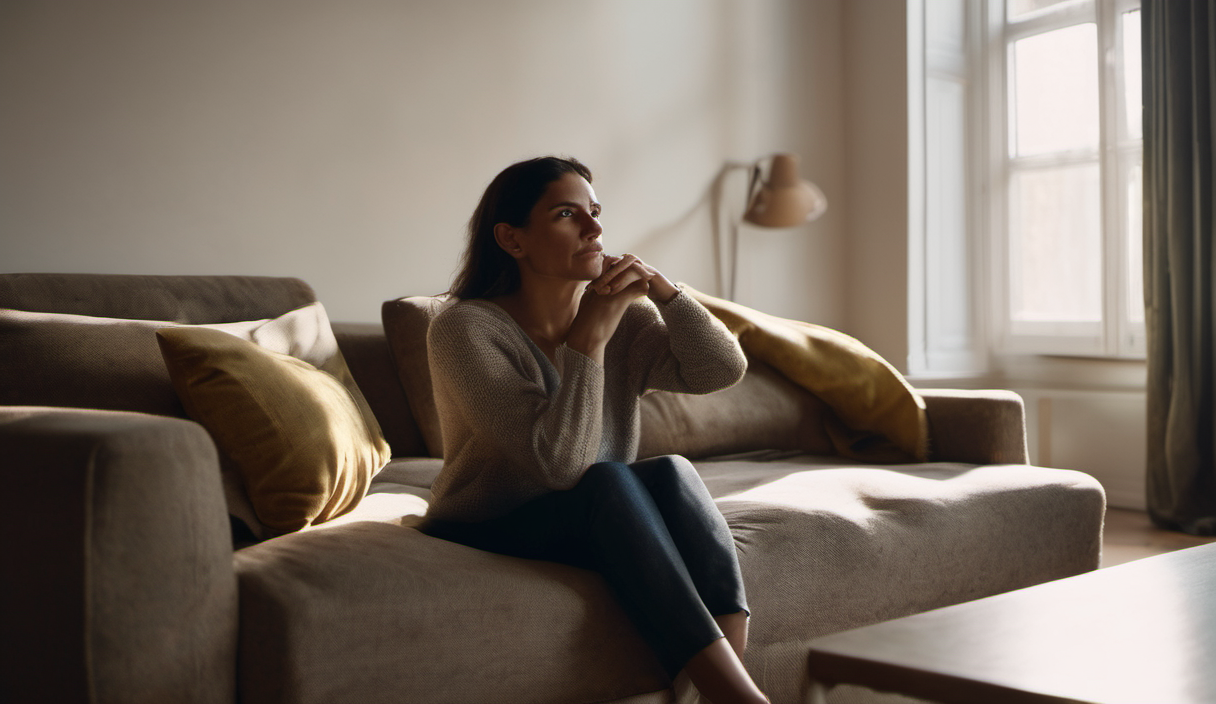AI-generated image: A woman is sitting on a beige sofa.