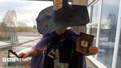 Child dressed as a witch in a homemade Halloween costume featuring a black hat, purple cape, wand and handmade accessories.