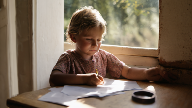 AI-generated image: A young child with blonde hair is sitting at a wooden table, writing with a yellow pencil on a white sheet of paper.