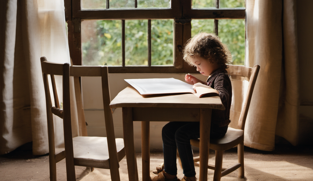 AI-generated image: A young child is sitting at a small wooden table with a wooden chair.