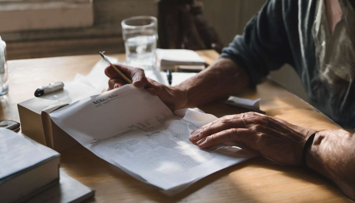 AI-generated image: An elderly man is sitting at a wooden table, holding a sheet of paper with a pen in his right hand.