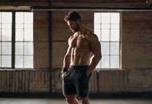 AI-generated image: A muscular man is standing in a dark room with large windows.
