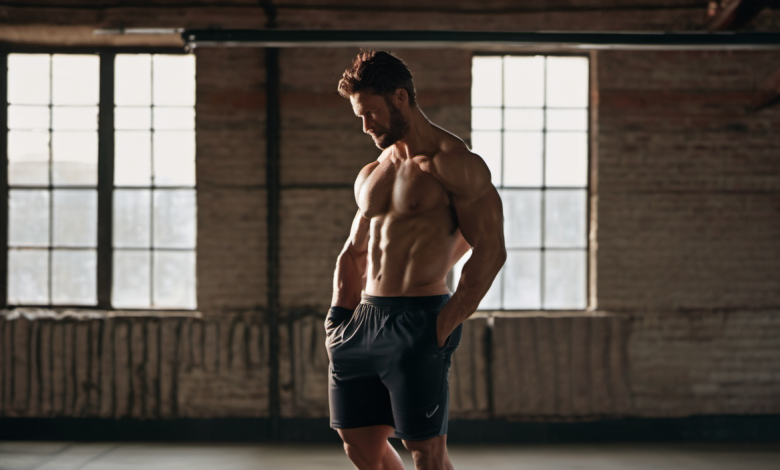AI-generated image: A muscular man is standing in a dark room with large windows.