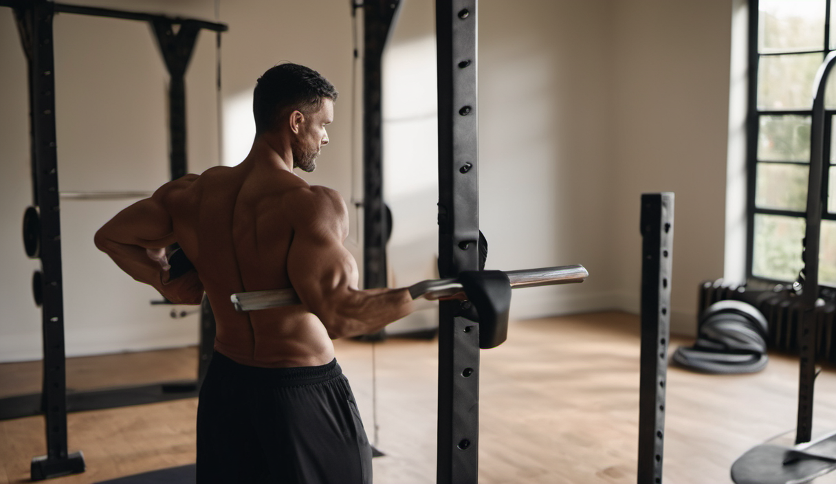 AI-generated image: A muscular man is performing a back lever exercise on a black metal apparatus in a gym.