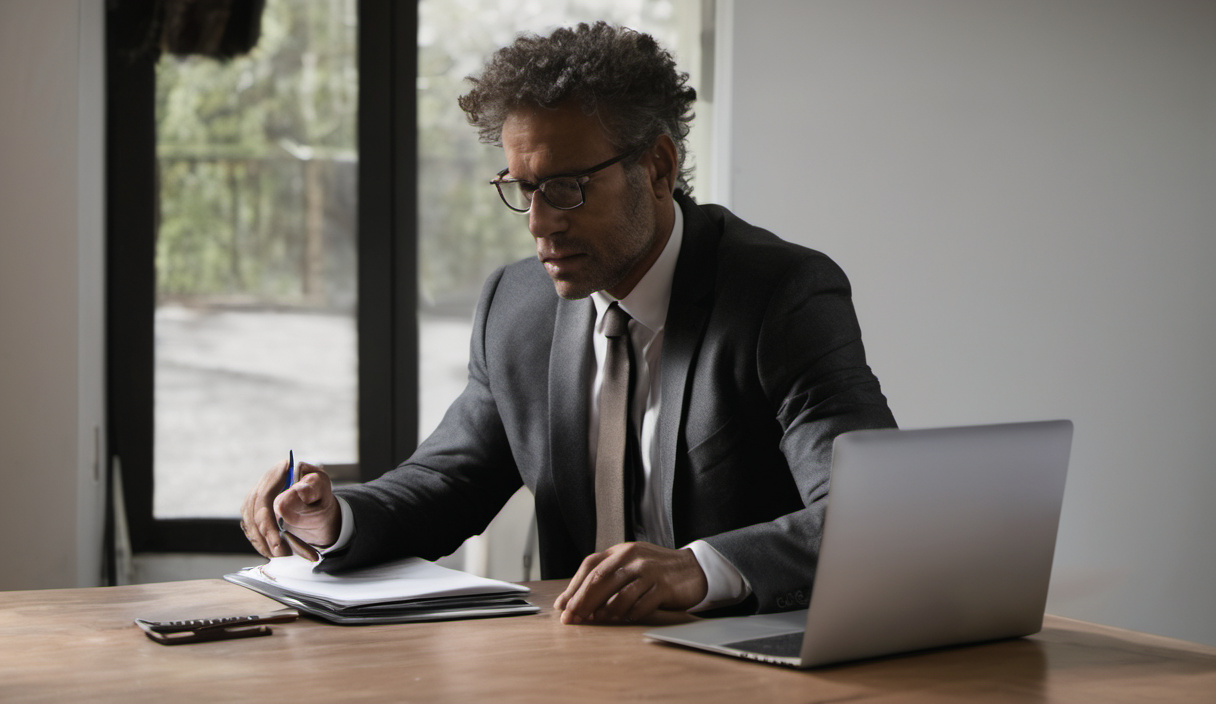 AI-generated image: A middle-aged man wearing a dark suit, a tie, and glasses is sitting at a wooden desk.