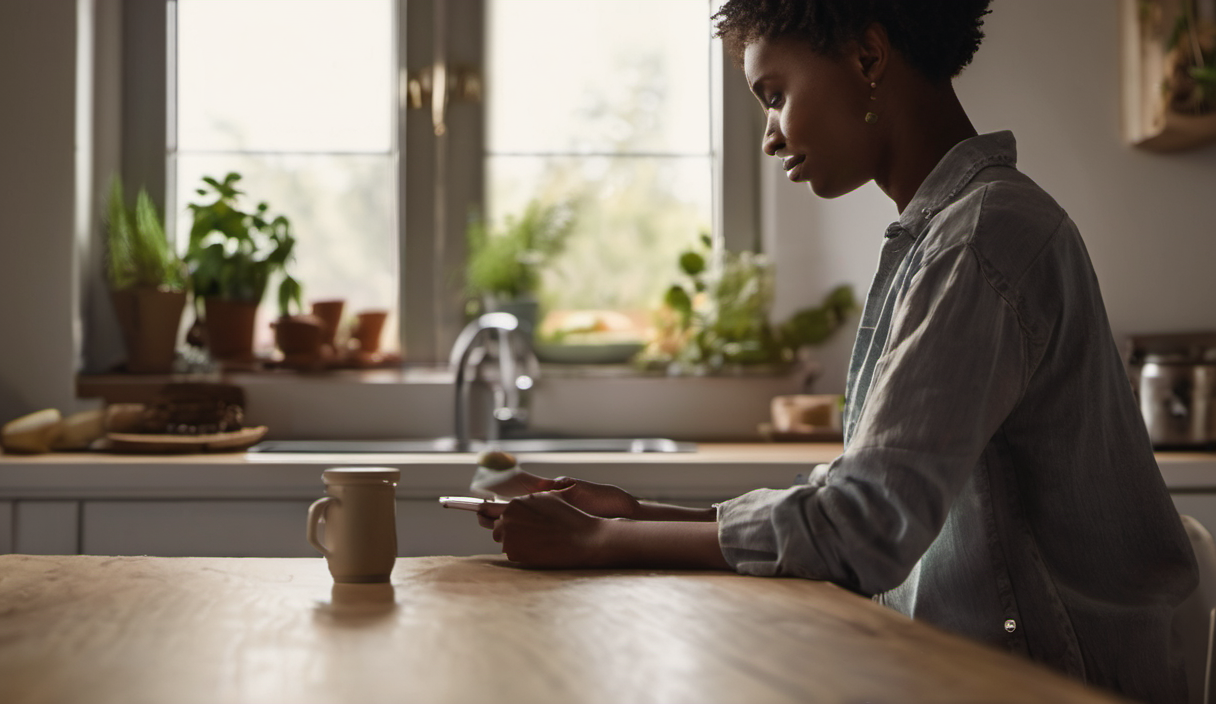 AI-generated image: A woman is sitting at a wooden kitchen table, leaning forward and looking down at a smartphone.