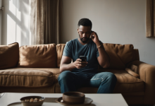AI-generated image: A man is sitting on a brown leather sofa.