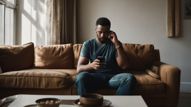 AI-generated image: A man is sitting on a brown leather sofa.