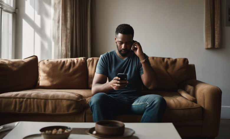 AI-generated image: A man is sitting on a brown leather sofa.