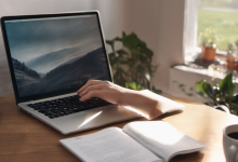 AI-generated image: A person's hand is typing on a silver laptop keyboard.