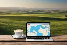 AI-generated image: A wooden table with a laptop displaying a world map and a coffee cup with foam.