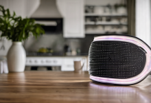 AI-generated image: A futuristic, illuminated visor is the main subject, positioned on a wooden table.