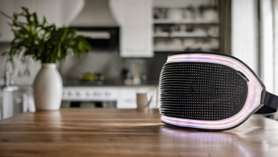 AI-generated image: A futuristic, illuminated visor is the main subject, positioned on a wooden table.