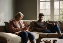 AI-generated image: Two people are sitting on a beige sofa.