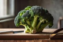 AI-generated image: A head of broccoli is the main subject.