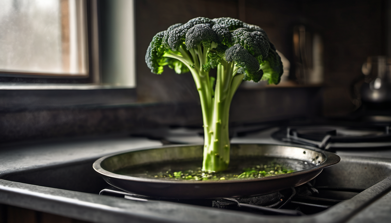 AI-generated image: A head of dark green broccoli is centered in a dark kitchen setting.