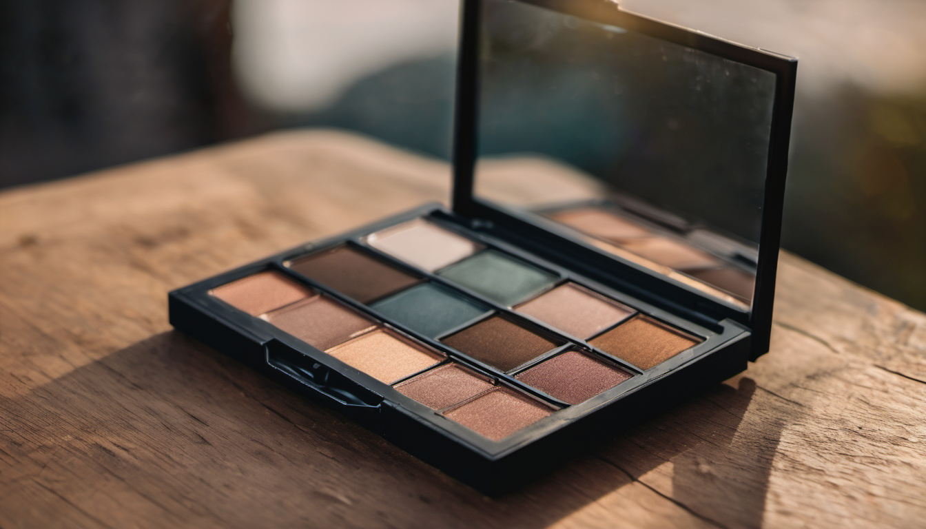 AI-generated image: A makeup eyeshadow palette is open on a wooden surface.