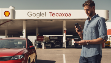 AI-generated image: A man is standing in front of a gas station.