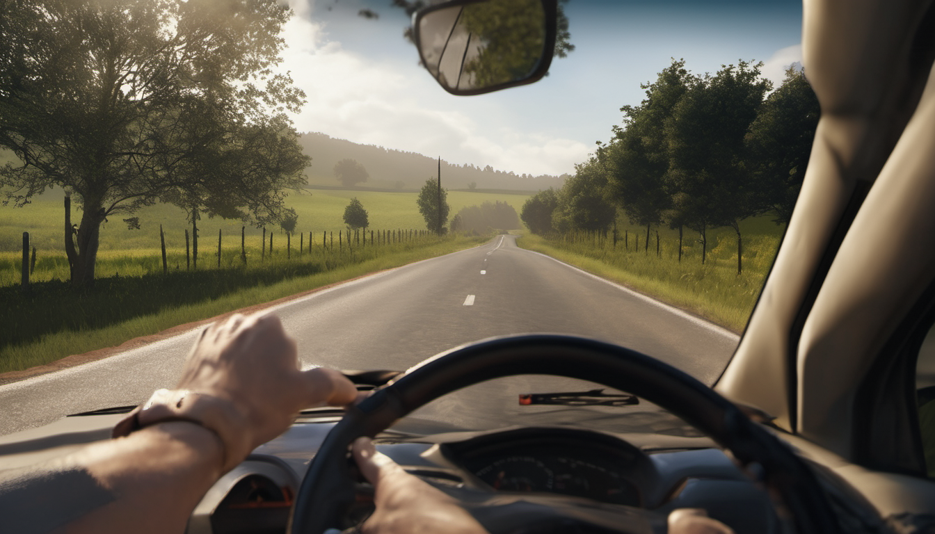 AI-generated image: The image shows a close-up view from inside a vehicle, specifically the driver's seat.