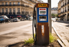 AI-generated image: A weathered, blue and orange fuel pump with a black hose is the main foreground subject.
