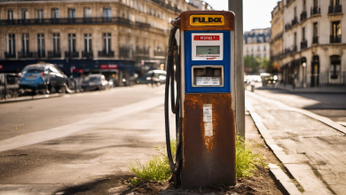 AI-generated image: A weathered, blue and orange fuel pump with a black hose is the main foreground subject.