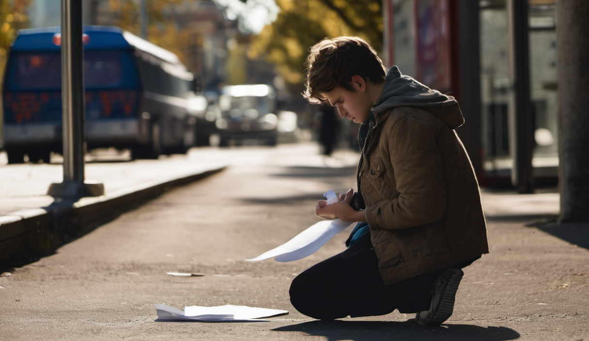 AI-generated image: A young man is kneeling on a paved street, with his head bowed and his hands holding a piece of paper.