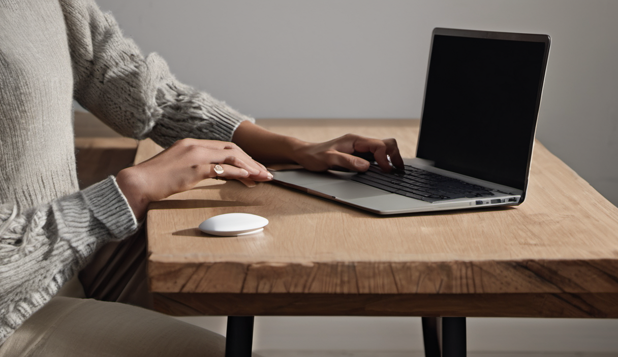 AI-generated image: A person's hands are visible, using a laptop and a mouse on a wooden table.