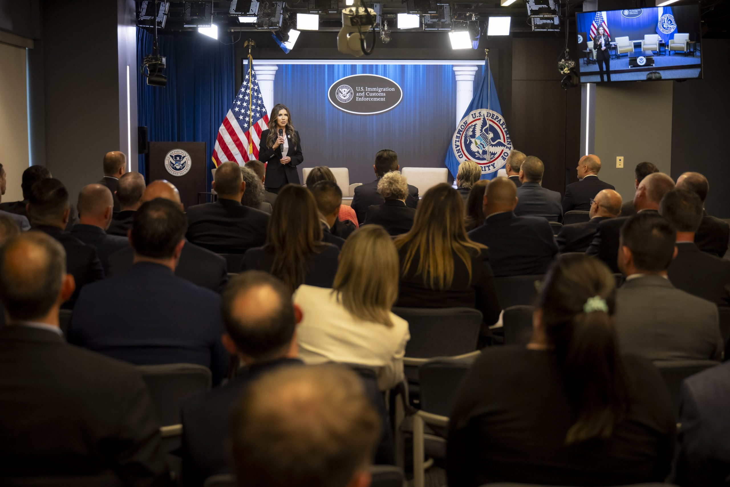Kristi Noem speaks to U.S. Immigration and Customs Enforcement (ICE) Special Agents in Charge and Field Operations Directors from around the country at ICE…