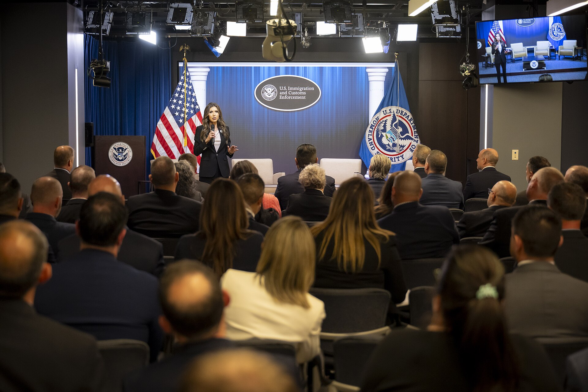 Kristi Noem speaks to U.S. Immigration and Customs Enforcement (ICE) Special Agents in Charge and Field Operations Directors from around the country at ICE…