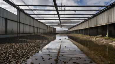 AI-generated image: The image shows a long, industrial building with a corrugated metal exterior.