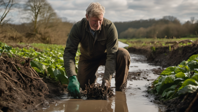 AI-generated image: A middle-aged man is kneeling in a muddy ditch.
