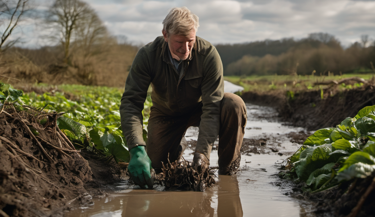 AI-generated image: A middle-aged man is kneeling in a muddy ditch.