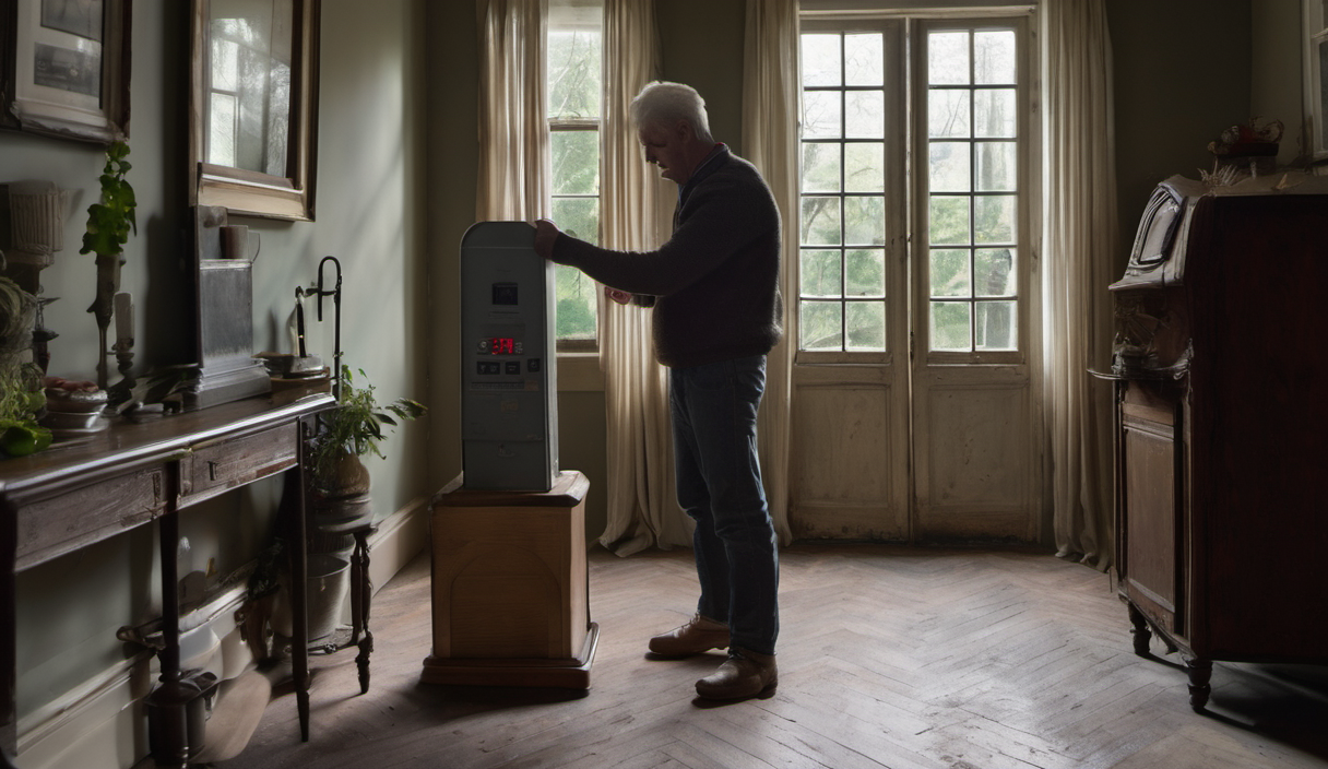 AI-generated image: A man is standing in a room, facing a tall, rectangular device with a digital display.