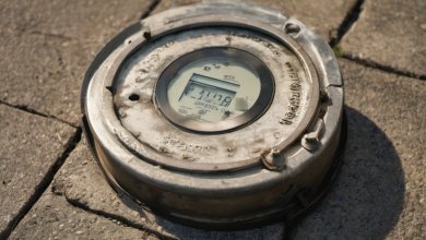 AI-generated image: A gray, circular device with a digital display is positioned on a gray concrete surface.
