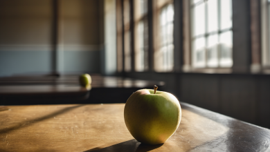 AI-generated image: A green apple is the main foreground subject.