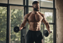 AI-generated image: A muscular man with a beard is standing in a gym, holding a dumbbell in each hand.