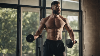 AI-generated image: A muscular man with a beard is standing in a gym, holding a dumbbell in each hand.