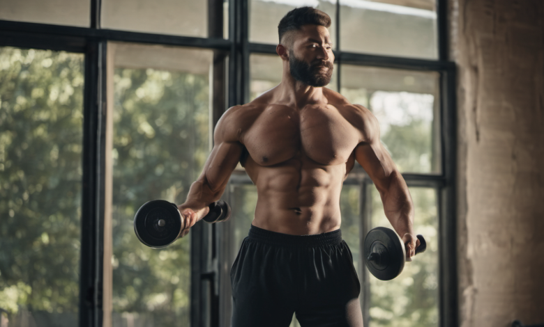 AI-generated image: A muscular man with a beard is standing in a gym, holding a dumbbell in each hand.