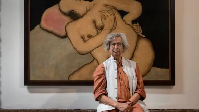 MUMBAI, INDIA - NOVEMBER 4: Artist Jogen Chowdhury pose for the photos near the painting at Snowball Studios, Worli on November 4, 2023 in…