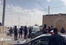 Several security personnel surrounded by cars in a car park in Jordan.