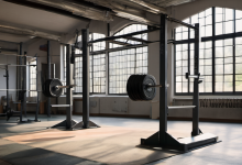 AI-generated image: The image shows a spacious, dimly lit weightlifting room with a large window behind.