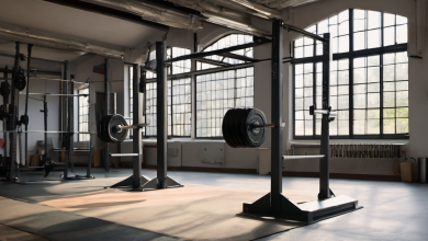 AI-generated image: The image shows a spacious, dimly lit weightlifting room with a large window behind.